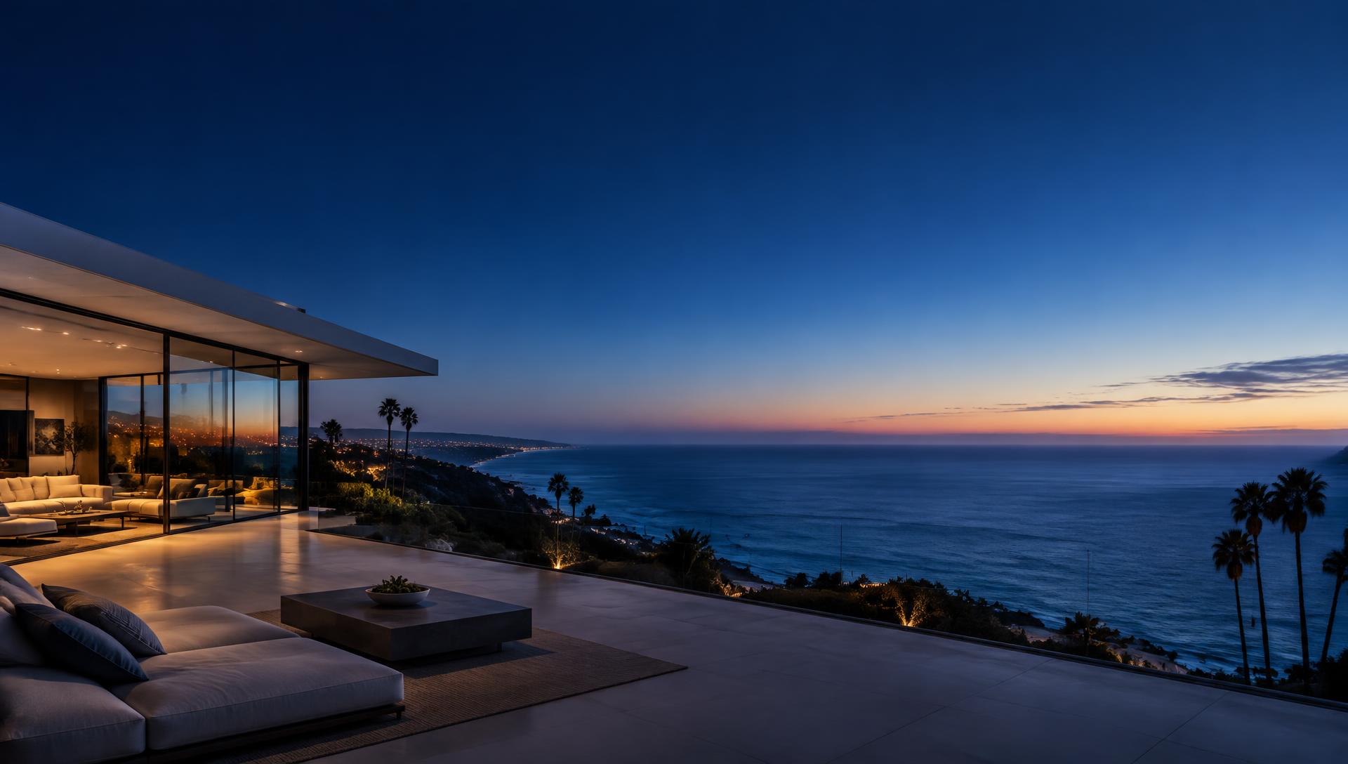 Glass-walled home terrace overlooking the Pacific at twilight