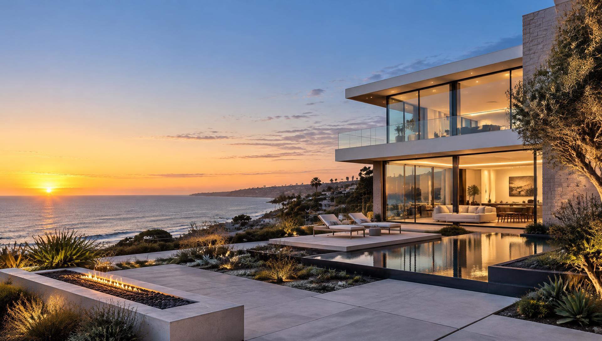 Contemporary coastal Southern California residence at sunset