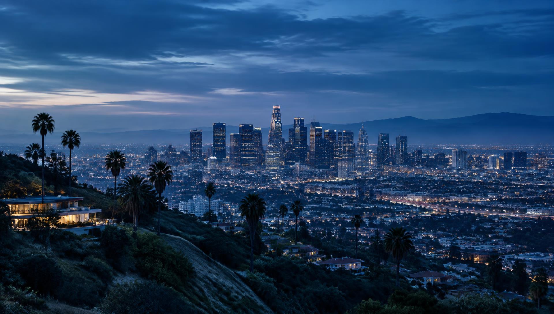 Los Angeles skyline at blue hour framed by palms