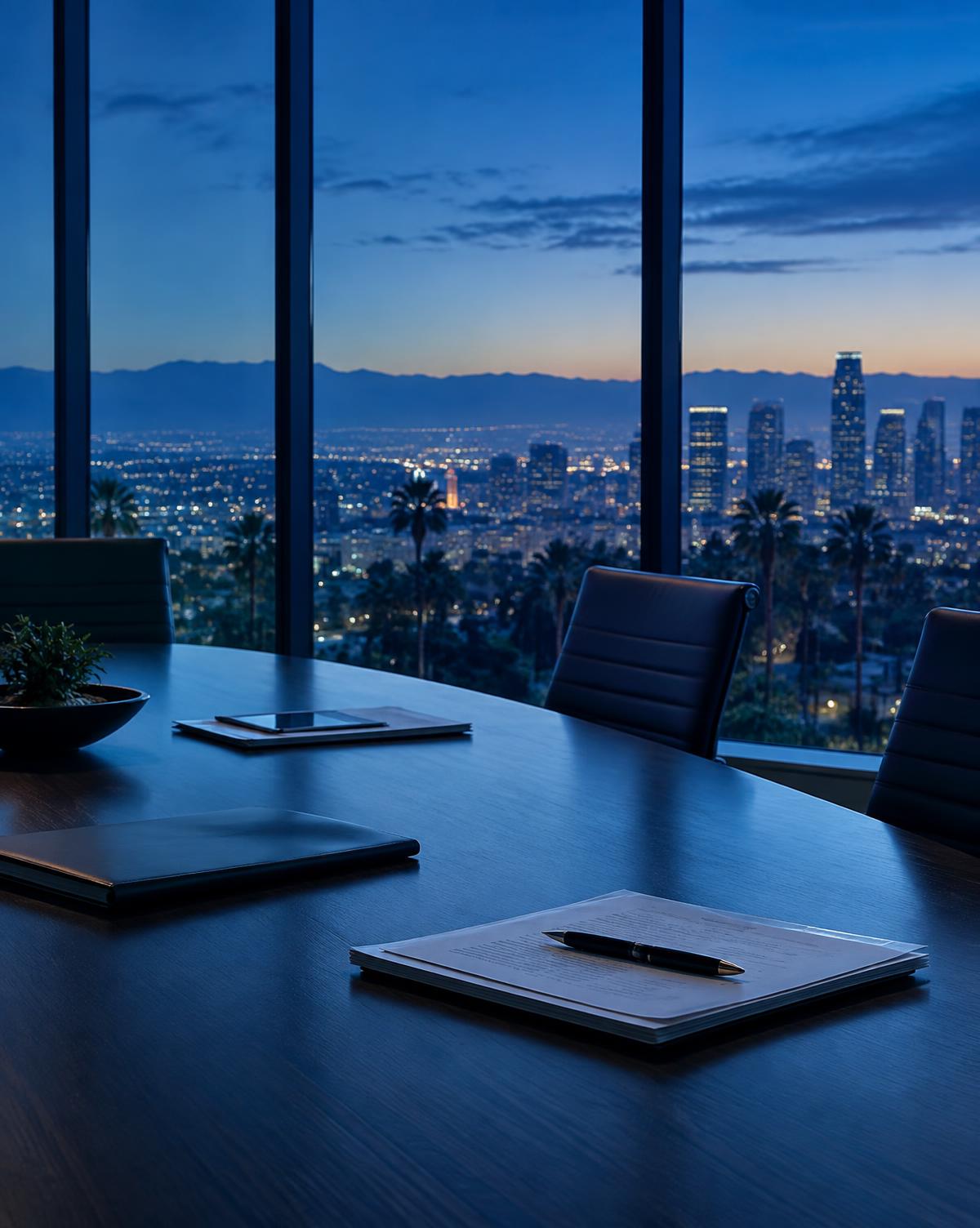 Conference table overlooking the Los Angeles skyline at dusk